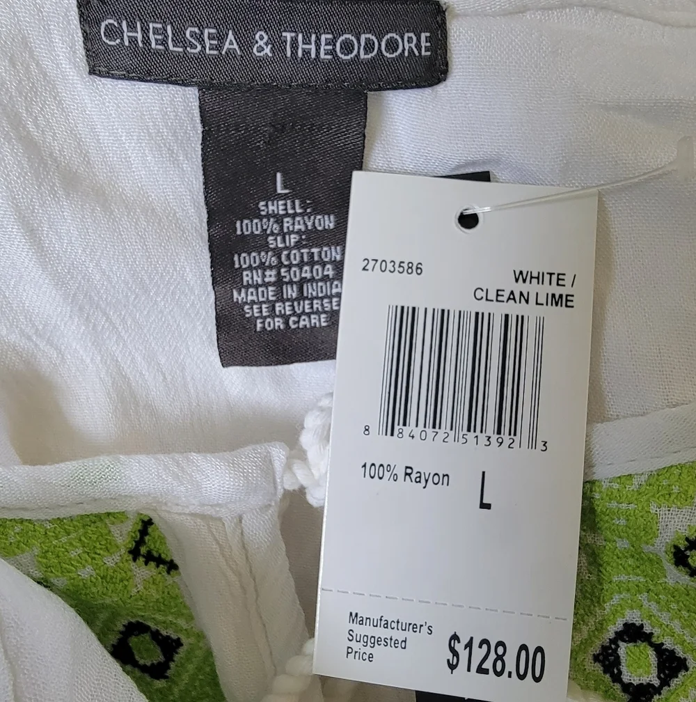 L NWT Chealsea & Theodore Tassel Embroidered Tribal Boho Shift Dress Cotton Midi - Picture 5 of 6